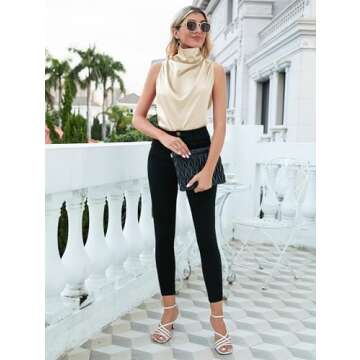 Famulily Sleeveless Turtlenecks for Women Cowl Neck Sleeveless Satin Top for Women Beige L