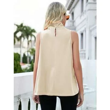 Famulily Sleeveless Turtlenecks for Women Cowl Neck Sleeveless Satin Top for Women Beige L