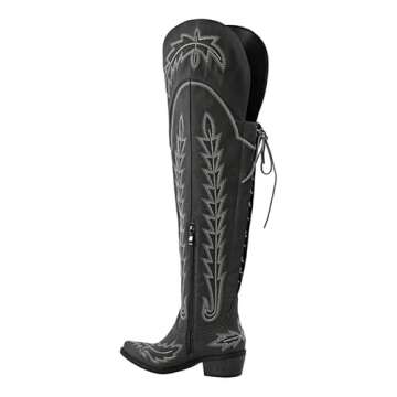 sexytag Over the Knee Cowboy Boots for Women Wide Calf Western Embroidered Thigh High Cowgirl Boots Pointed Toe Block Heel Pull-On Fancy Western Tall Boots Black Size 10