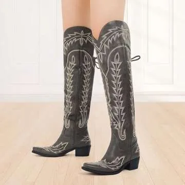 sexytag Over the Knee Cowboy Boots for Women Wide Calf Western Embroidered Thigh High Cowgirl Boots Pointed Toe Block Heel Pull-On Fancy Western Tall Boots Black Size 10