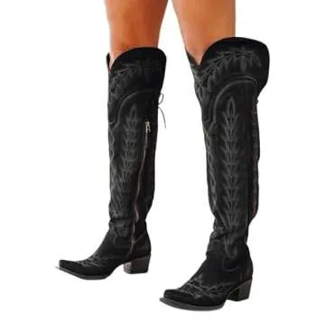 sexytag Over the Knee Cowboy Boots for Women Wide Calf Western Embroidered Thigh High Cowgirl Boots Pointed Toe Block Heel Pull-On Fancy Western Tall Boots Black Size 10