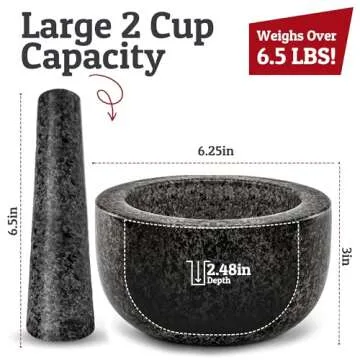 Heavy Duty Large Mortar and Pestle Set,100% Granite, Non Slip Base, Make Fresh Guacamole, Salsa, Pesto, Stone Grinder Bowl, Herb Crusher, Spice Grinder, 2 Cup, 6.3 Inch Size, Black