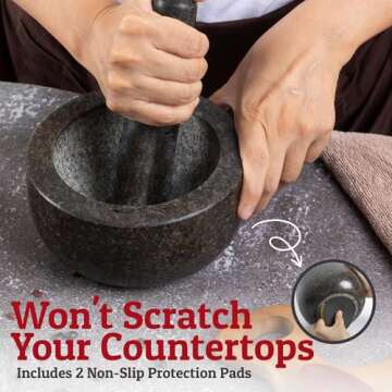 Heavy Duty Large Mortar and Pestle Set,100% Granite, Non Slip Base, Make Fresh Guacamole, Salsa, Pesto, Stone Grinder Bowl, Herb Crusher, Spice Grinder, 2 Cup, 6.3 Inch Size, Black