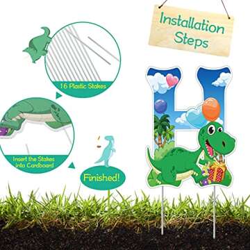 13 Pieces Happy Birthday Letter Yard Sign Dinosaur Theme Yard Sign Large Size Birthday Decorative Sign with Stake Garden Lawn Party Corrugated Plastic Yard Sign for Outdoor Waterproof Decoration