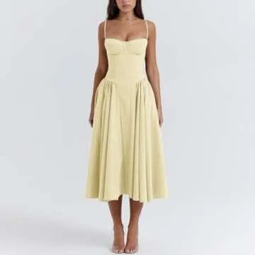 Floral Corset Dress for Women Formal Sleeveless Bustier Midi Dress Flowy Pleated Hem Low Cut Tank Dress with Pockets Y2k Boho Bodycon Midi Dress Summer Square Neck Fitted Bustier Sundress