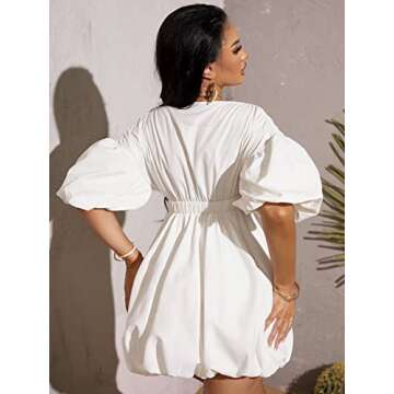 WDIRARA Women's Deep V Neck Puff Sleeve High Rise Flare Dress Elastic Waist Dress White M