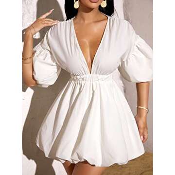 WDIRARA Women's Deep V Neck Puff Sleeve High Rise Flare Dress Elastic Waist Dress White M