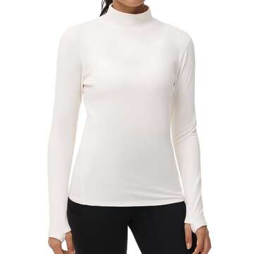 THE GYM PEOPLE Women's Mock Turtleneck Long Sleeve Shirts Fleece Thermal Underwear Pullover Tops with Thumb Hole Beige