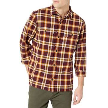 Goodthreads Men's Heavyweight Flannel Shirt Jacket, Burgundy/Gold, Plaid, Small