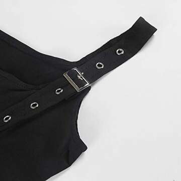 PALINDA Women's Sexy Sleeveless Square Neck Tank Metal Button Bodysuit (Large, Black)