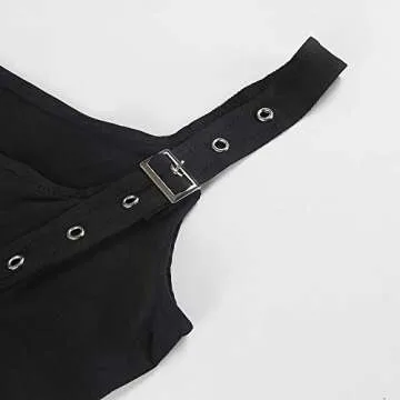 PALINDA Women's Sexy Sleeveless Square Neck Tank Metal Button Bodysuit (Large, Black)