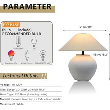 CEKUXPS Rustic Farmhouse Table Lamps, Black 21.6” Tall Ceramic Table Lamp, Simple Textured Ceramic Lamp Body with White Textured Shade Bedside Table Lamp for Living Room Bedroom Office (White)