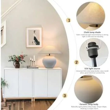 CEKUXPS Rustic Farmhouse Table Lamps, Black 21.6” Tall Ceramic Table Lamp, Simple Textured Ceramic Lamp Body with White Textured Shade Bedside Table Lamp for Living Room Bedroom Office (White)