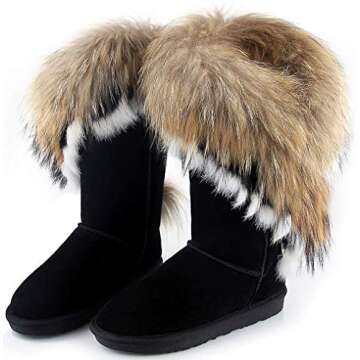 APHNUS Women's Mid Calf Cow Leather Fur Snow Boots - Cozy & Stylish
