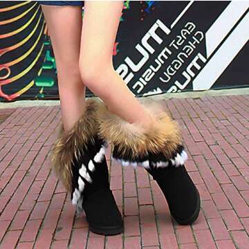 APHNUS Women's Stylish Mid Calf Fur Snow Boots
