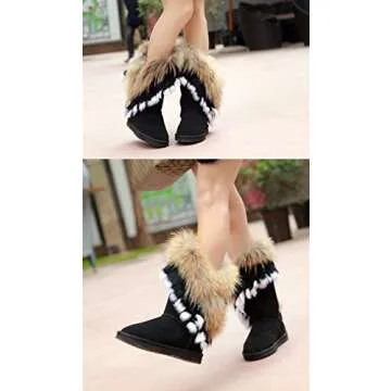 APHNUS Women's Stylish Mid Calf Fur Snow Boots