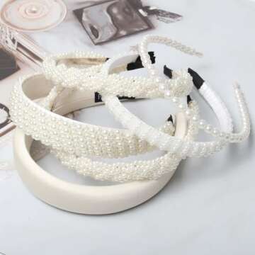5PK White Pearl Headbands for Women Girls Cute Pearl dainty Headbands Bling Faux Pearls Hairbands We...