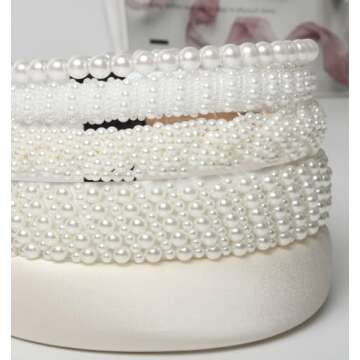 5PK White Pearl Headbands for Women Girls Cute Pearl dainty Headbands Bling Faux Pearls Hairbands Wedding Hair Accessories hair hoop headband