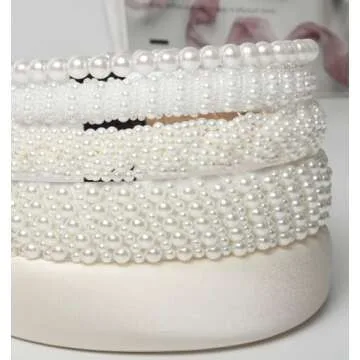 5PK White Pearl Headbands for Women Girls Cute Pearl dainty Headbands Bling Faux Pearls Hairbands Wedding Hair Accessories hair hoop headband