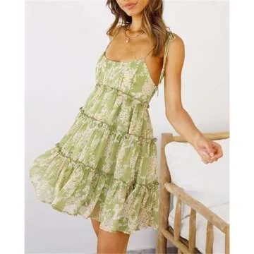 AELSON Sundresses for Women 2024 Floral Summer Dress Boho Flowy Cute Dresses Spaghetti Strap Sleeveless Ruffle Mini Dress