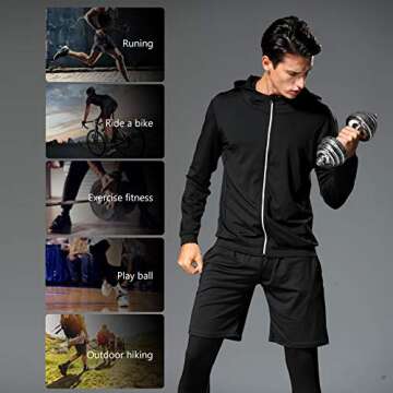 BOOMCOOL 5PCS Gym Clothes for Men,Workout Sets incluir Compression Shirt Pants Hoodie Jacket for Outdoor Running in Spring, Summer, Autumn and Winter, Indoor Fitness Accessories