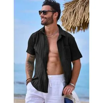 JMIERR Mens Summer Textured Shirts Short Sleeve Button Down Casual Linen Shirts for Men Hawaiian Beach Shirt with Pocket, XL, Black
