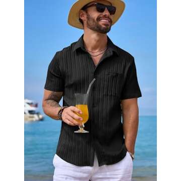 JMIERR Mens Summer Textured Shirts Short Sleeve Button Down Casual Linen Shirts for Men Hawaiian Beach Shirt with Pocket, XL, Black