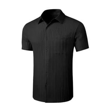 JMIERR Mens Summer Textured Shirts Short Sleeve Button Down Casual Linen Shirts for Men Hawaiian Beach Shirt with Pocket, XL, Black