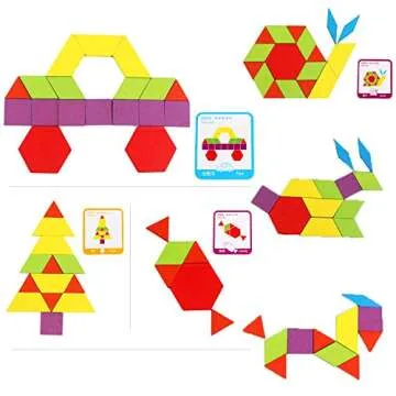 Set of 155 Wooden Pattern Blocks Geometric Manipulative Shape Puzzle Kindergarten Graphical Classic Educational Montessori Tangram Toys for Kids Ages 3+ Jigsaw Puzzles Gift with 24 Pcs Design Cards
