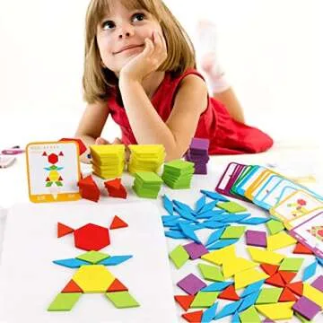 Set of 155 Wooden Pattern Blocks Geometric Manipulative Shape Puzzle Kindergarten Graphical Classic Educational Montessori Tangram Toys for Kids Ages 3+ Jigsaw Puzzles Gift with 24 Pcs Design Cards