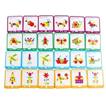 Set of 155 Wooden Pattern Blocks Geometric Manipulative Shape Puzzle Kindergarten Graphical Classic Educational Montessori Tangram Toys for Kids Ages 3+ Jigsaw Puzzles Gift with 24 Pcs Design Cards