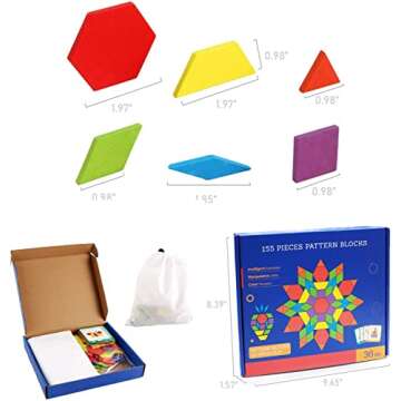 Set of 155 Wooden Pattern Blocks Geometric Manipulative Shape Puzzle Kindergarten Graphical Classic Educational Montessori Tangram Toys for Kids Ages 3+ Jigsaw Puzzles Gift with 24 Pcs Design Cards