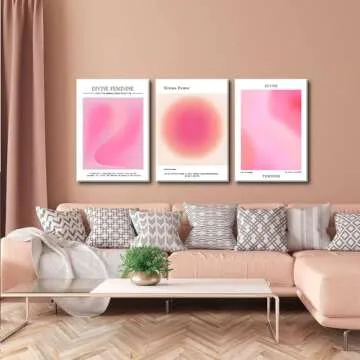 Trendy Aesthetic Canvas Wall Art Aesthetic Set of 3 | Pink Gradient Aura Angel Posters Prints Room Decor | Pink Wall Art Decor for Bedroom, Living Room - Framed 12x16 Inch