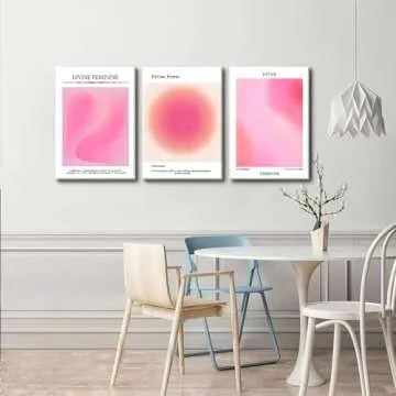 Trendy Aesthetic Canvas Wall Art Aesthetic Set of 3 | Pink Gradient Aura Angel Posters Prints Room Decor | Pink Wall Art Decor for Bedroom, Living Room - Framed 12x16 Inch