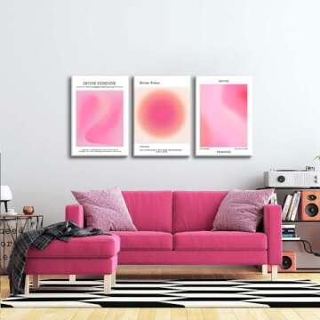 Trendy Aesthetic Canvas Wall Art Aesthetic Set of 3 | Pink Gradient Aura Angel Posters Prints Room Decor | Pink Wall Art Decor for Bedroom, Living Room - Framed 12x16 Inch