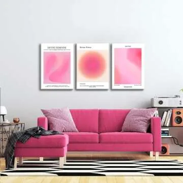 Trendy Aesthetic Canvas Wall Art Aesthetic Set of 3 | Pink Gradient Aura Angel Posters Prints Room Decor | Pink Wall Art Decor for Bedroom, Living Room - Framed 12x16 Inch