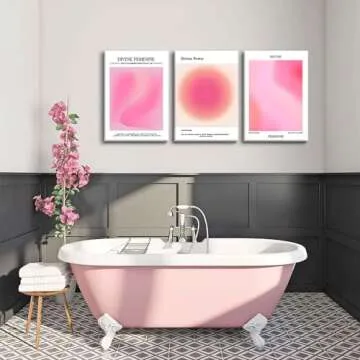 Trendy Aesthetic Canvas Wall Art Aesthetic Set of 3 | Pink Gradient Aura Angel Posters Prints Room Decor | Pink Wall Art Decor for Bedroom, Living Room - Framed 12x16 Inch