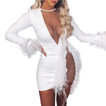 Nhicdns Sexy Club Dress with Feather Design for Women