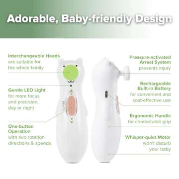 haakaa Happii Bear Baby Nail File Electric Nail Trimmer with LED Light, Rechargeable Baby Nail Clippers for Newborn/Adults Toes and Fingernails, Additional Replacement Heads & Charging Cable