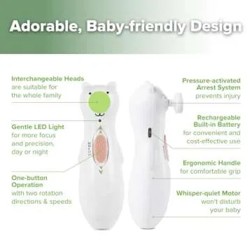 haakaa Happii Bear Baby Nail File Electric Nail Trimmer with LED Light, Rechargeable Baby Nail Clippers for Newborn/Adults Toes and Fingernails, Additional Replacement Heads & Charging Cable