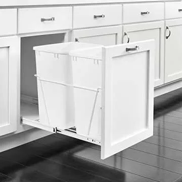 Rev-A-Shelf Double Pullout 35 Qt Sliding Waste Bin Trash Container for Base Kitchen Cabinet, Wire Frame with Ball Bearings, White, RV-18PB-2 S