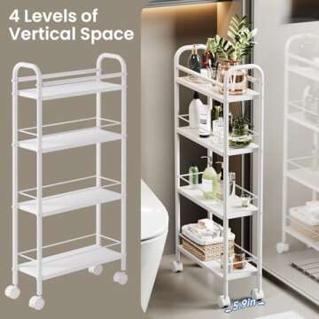 Asgolion Slim Storage Cart, 4 Tier Rolling Utility Cart on Wheels, Narrow Shelving Unit Cart for Sma...