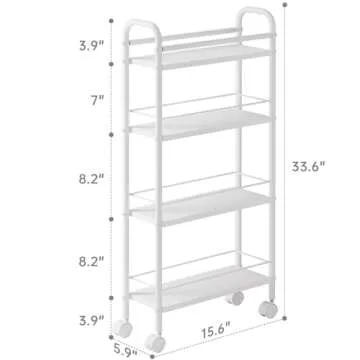 Asgolion Slim Storage Cart, 4 Tier Rolling Utility Cart on Wheels, Narrow Shelving Unit Cart for Small Spaces in Kitchen, Dining Room, Bathroom, Laundry Room, White
