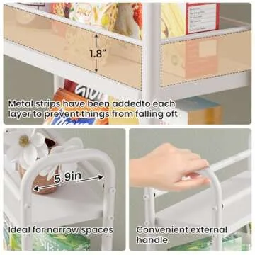 Asgolion Slim Storage Cart, 4 Tier Rolling Utility Cart on Wheels, Narrow Shelving Unit Cart for Small Spaces in Kitchen, Dining Room, Bathroom, Laundry Room, White