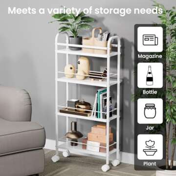 Asgolion Slim Storage Cart, 4 Tier Rolling Utility Cart on Wheels, Narrow Shelving Unit Cart for Small Spaces in Kitchen, Dining Room, Bathroom, Laundry Room, White