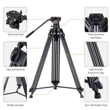 Cayer BV30 Heavy Duty Video Tripod, 64 inches Professional Aluminum Tripod Leg with K3 Fluid Head, Mid-Level Spreader, Max Loading 13.2 LB, 360 Degree Fluid Head for DSLR Camcorder Camera