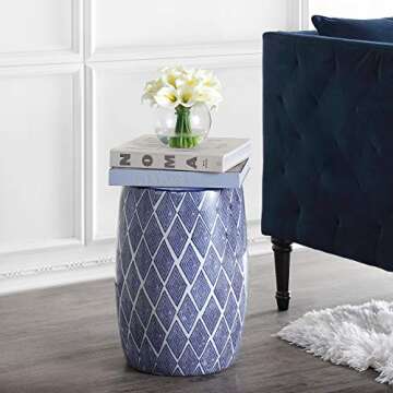 JONATHAN Y TBL1019A Moroccan Diamonds 18" Ceramic Drum Indoor/Outdoor Garden Stool, Coastal, Contemp...