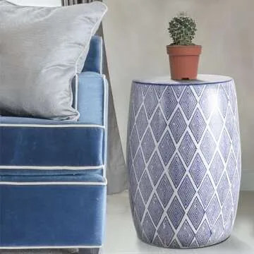 JONATHAN Y TBL1019A Moroccan Diamonds 18" Ceramic Drum Indoor/Outdoor Garden Stool, Coastal, Contemporary, Side Table, Plant Stand, Spill-Proof, Living Room, Garden Room, Patio, Blue/White