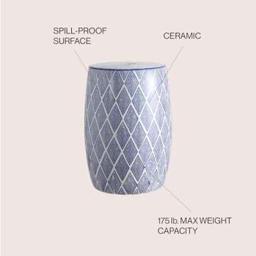 JONATHAN Y TBL1019A Moroccan Diamonds 18" Ceramic Drum Indoor/Outdoor Garden Stool, Coastal, Contemporary, Side Table, Plant Stand, Spill-Proof, Living Room, Garden Room, Patio, Blue/White