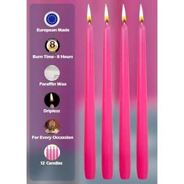 Hyoola 12 Pack Tall Taper Candles - 10 Inch Hot Pink - Fuchsia Dripless, Unscented Dinner Candle - Paraffin Wax with Cotton Wicks - 8 Hour Burn Time